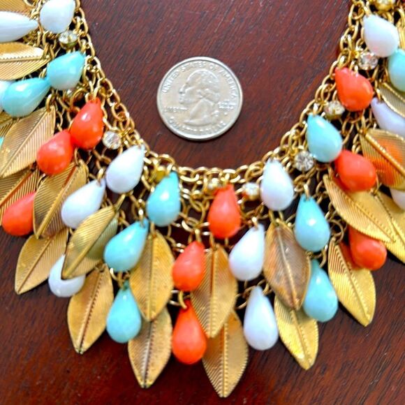 Betsey Johnson Colorful Bib Statement Necklace - Coral, Blue & White Leaves - Picture 5 of 7